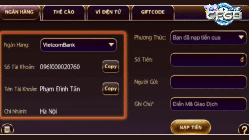 Hướng dẫn các bước nạp tiền CF68 nhanh nhất