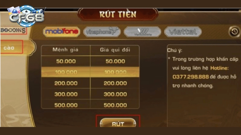 Rút tiền CF68 bằng cách đổi thẻ cào